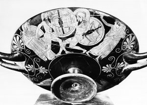 Attic red-figure cup depicting Achilles and Hector fighting in the presence of Athena and Apollo